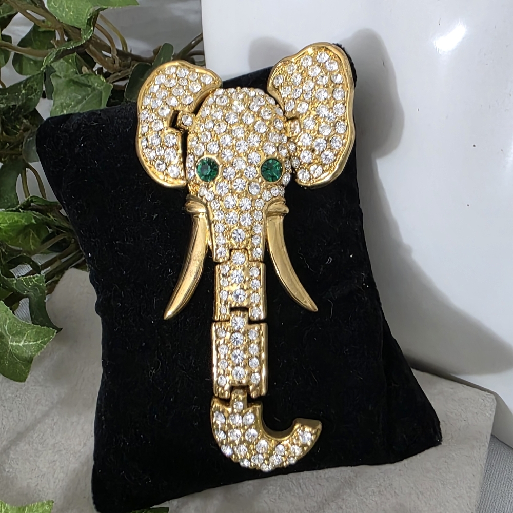 Vintage Articulated Gold Elephant Brooch Pin with Pave Cubic Zirconia